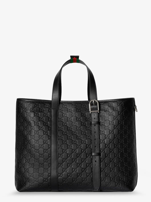 Gucci Men Gg Emblem Leather Shopping Bag With Embossed Gg Motif