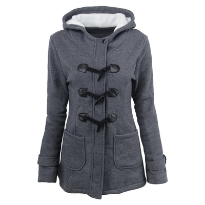 Warm winter fur collar jackets women horn button Long down coat parka Plus Size female parka hoodies Women Dark grey