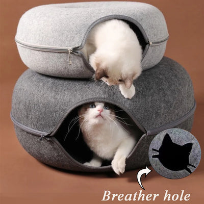 Interactive Donut Cat Bed & Tunnel – Felt Cat House Toy